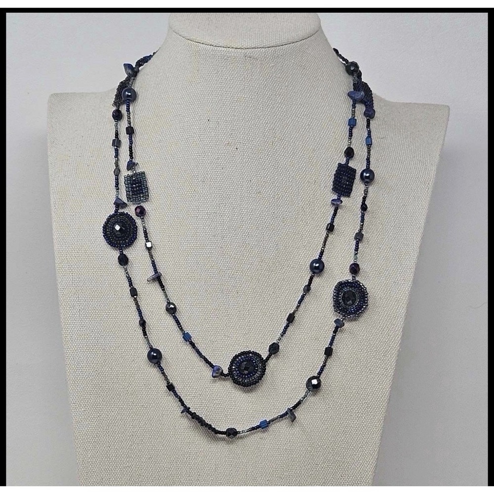 Boho Blue & Black Beaded Long Necklace 44" Layered Station Beads Unmarked